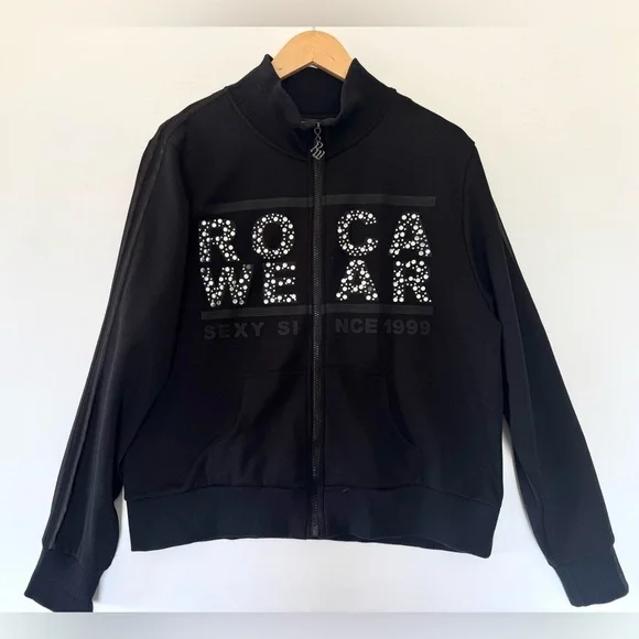Rocawear Bling Rhinestone Zip-Up Jacket Black Mock Neck Size 1X Y2K - Picture 2 of 12